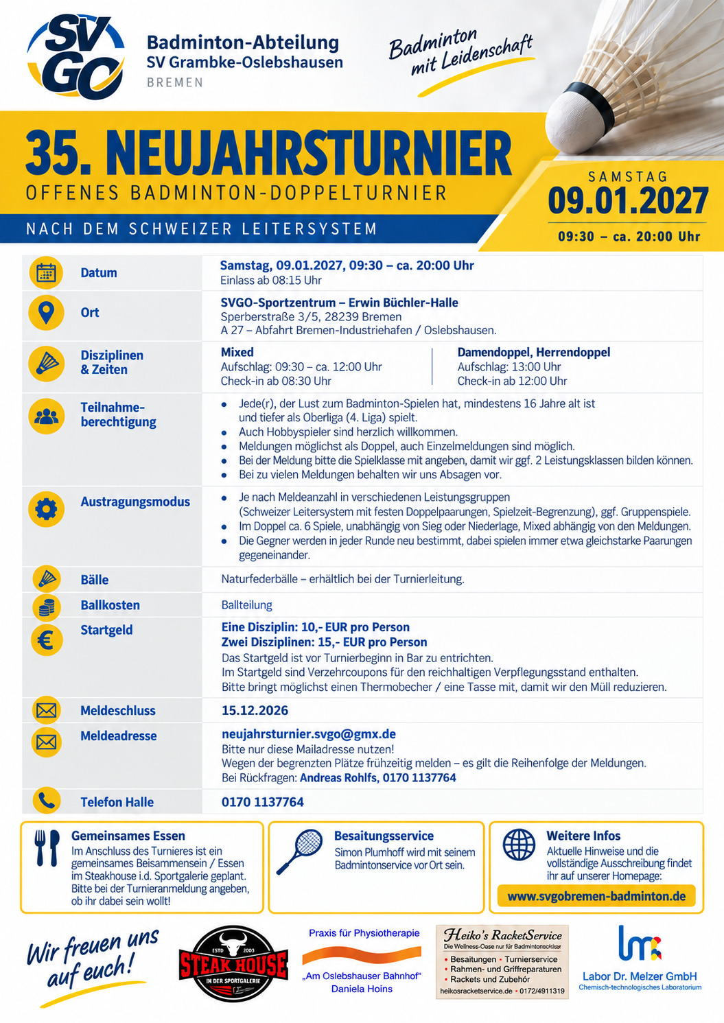 Ausschreibung zum 35. Neujahrsturnier 2027 der SVGO Bremen
